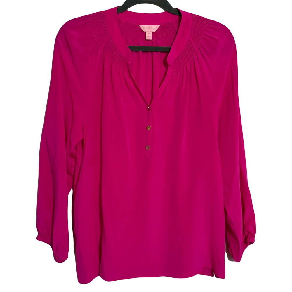 Lilly Pulitzer Silk Blouse Top Fuchsia Pink Medium Office Business Casual Spring